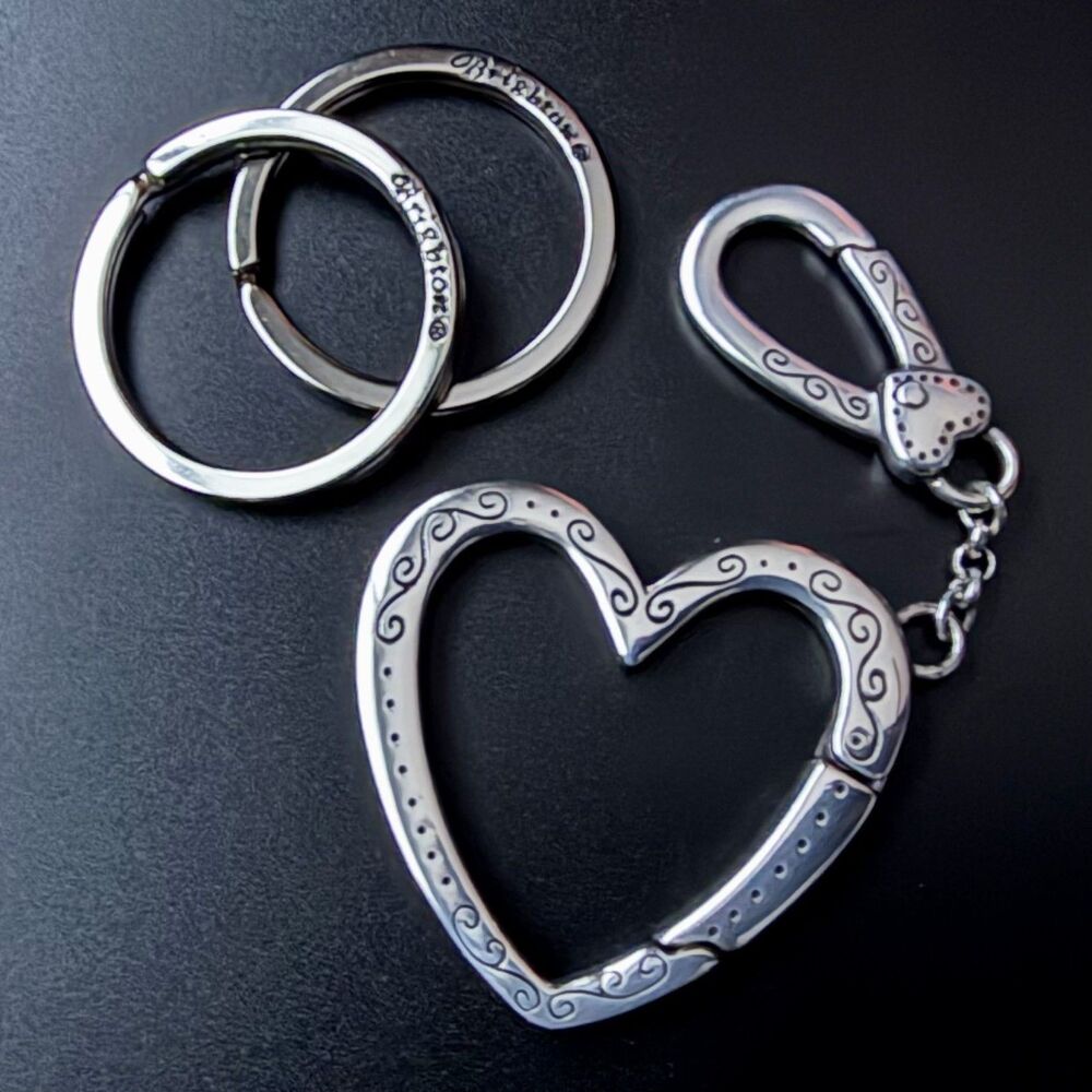 Brighton Patchwork Valet Key Fob Heart Keychain Rings on Clips, Silver Tone